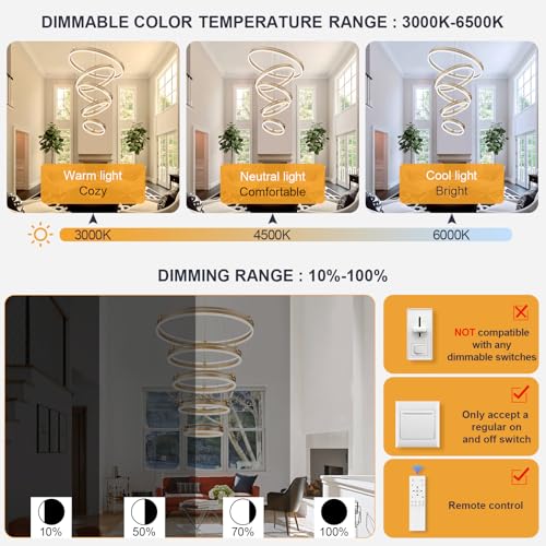 5 Rings Modern LED Chandelier Gold Dimmable Large High Ceiling Chandeliers Foyer