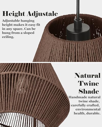 Woven Pendant Lights 7” Rustic Rattan Hanging Lamp Adjustable Handwoven Basket Shade Boho Pendant Light Fixtures for Kitchen Island Dining Room Bedroom Bar Foyer Hallway Japandi Dark Brown