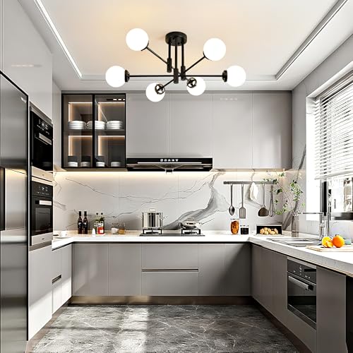 Black Sputnik Ceiling Light Fixture 6 Light with Milk White Glass Shade