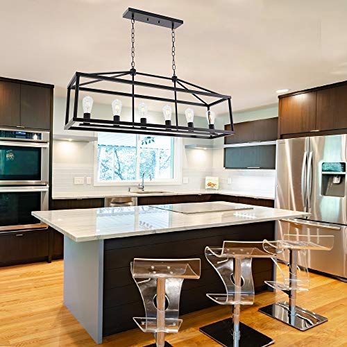 Modern Rectangle Chandelier 6 Light Black Industrial Vintage Kitchen Island Lighting Fixture Hanging Pendant Lamp Farmhouse Metal Cage Ceiling Light Fixtures for Living Room Dining Room Foyer