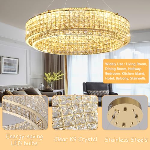 W32 Modern Chandeliers for Living Room LED Dimmable Pendant Lighting High Ceiling Chandelier for Dining Room Foyer Hallway Crystal Rectangle Light Fixtures Gold