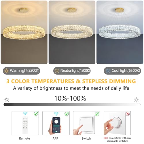 Modern Chandelier Glam Dimmable LED Crystal Chandeliers Luxury Remote Ceiling Pendants Lighting Fixtures for Dining Room Bedroom Living Room Gold
