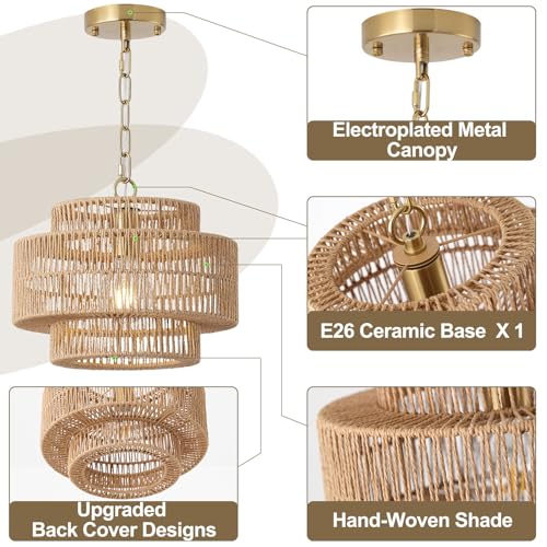 12.4" Boho Rattan Farmhouse Chandeliers for Dining Room