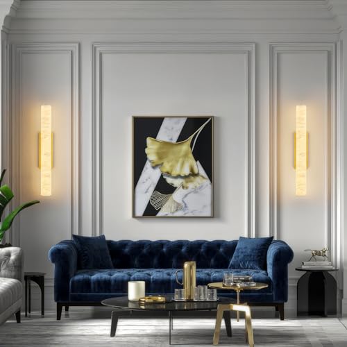 Natural Alabaster Wall Sconces Set of Two Spanish Marble Wall Light Cylinder Modern Gold LED Sconce for Living Room Bedroom Bathroo Stairs（M (2 Count)