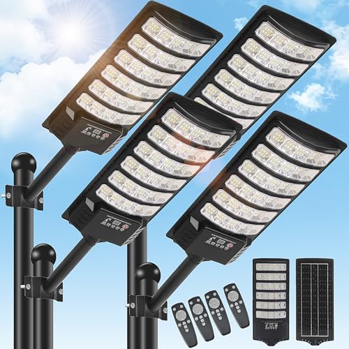 4 Pack Solar Street Light Outdoor 30000LM 6500K Waterproof Motion Sensor LED Solar Powered Flood Light with Remote Control Dusk to Dawn Commercial Area Lighting for Outside Parking Lot (4 Count)