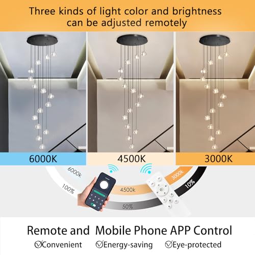 LED Glam Chandelier 118 inches Long Light Luxury Crystal Ceiling Chandeliers Remote Dimmable High Ceiling Pendants Lighting Fixtures Black 15 Lights