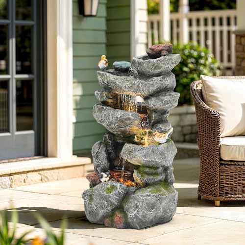 31.5" Multi Tier Rock Outdoor Water Fountain with LED Lights (72 Count)