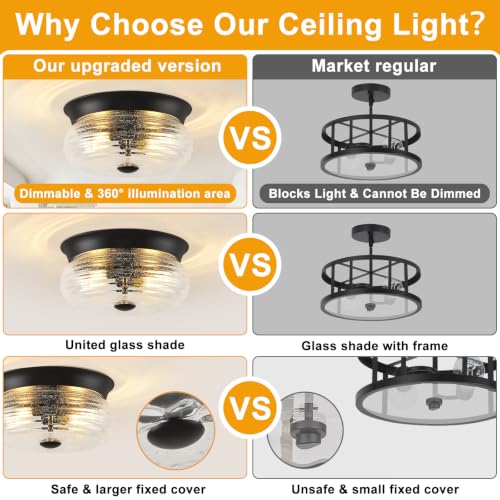 Black Flush Mount Ceiling Light Fixtures (Matte Black + Clear Air Bubble Glass(No Assembly Required))