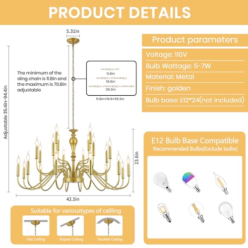 24 Light Large Gold Chandelier Farmhouse Chandeliers for High Ceiling Foyer
