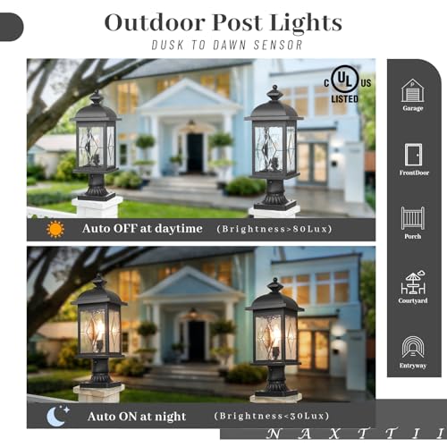 Dusk to Dawn Outdoor Post Lights Black Finish Lamp Posts Outdoor Lighting with Water Ripple Hand‑soldered Glass 21 Inch Height Large Pole Lights Outdoor for Walkway Porches or Garden