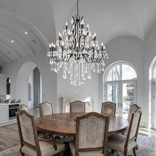French Country Antique Black Iron Crystal Chandelier