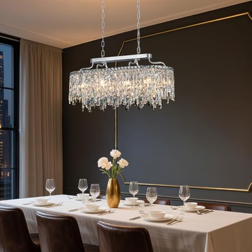 32" 10 Light Oval Chrome Crystal Chandeliers for Dining Room