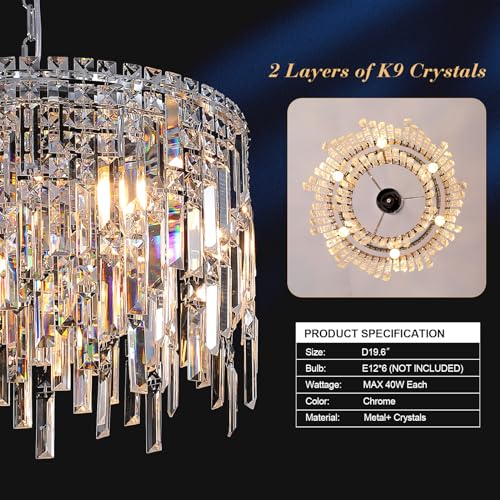 Round Crystal Chandelier Modern 20" Drum Chandelier with Chain Chrome Adjustable K9 Raindrop Crystal Ceiling Pendant Fixtures 2 Tiers for Dining Room Bedroom Living Room