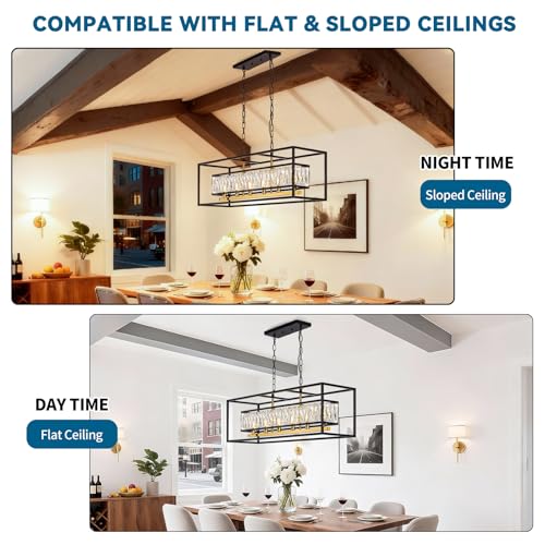 Modern Black and Gold Rectangle Crystal Chandeliers for Dining Room