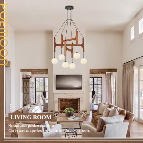 Farmhouse 6 Light Wooden Chandelier with Milk Glass Globe L28 Inch (6 Count)