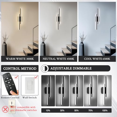 LED Wall Sconce Set of 2 Black Remote Modern LED Vanity Lights Set of 2 Indoor Wall Light Fixtures for Living Room