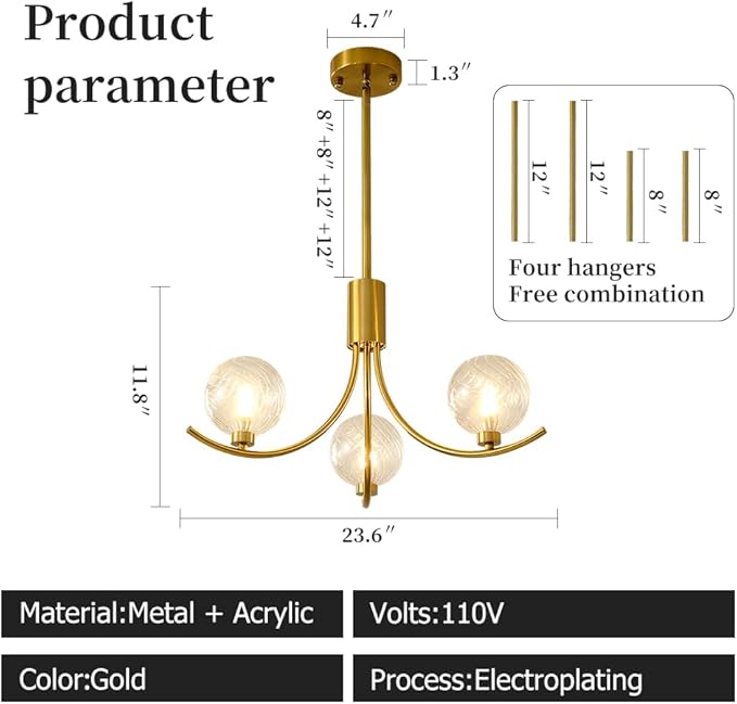 3-Head Gold Modern Chandelier with 3 Clear Glass Globe Bulbs, Globe Chandelier, Elegant Lamps with Gold Accents, Ceiling Light for Living Room Kitchen Island Bedroom Entryway