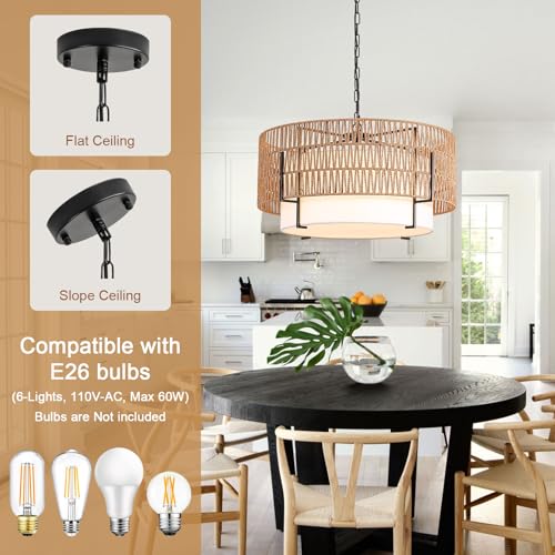 6 Light Large Rattan Chandelier for Dining Room
