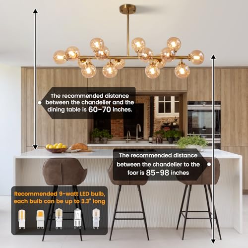 Modern Gold Chandelier Rectangle Pendant Light Ammber Globe Glass Sputnik Chandeliers Hanging Light Fixture 16
