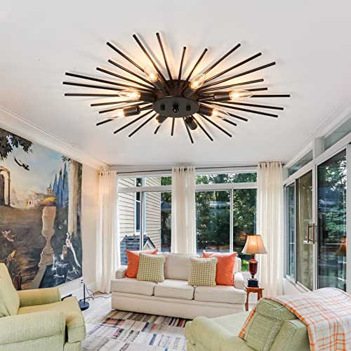 Semi Flush Mount 8 Light Ceiling Light Modern Metal Ceiling Lighting Black Light Fixture for Farmhouse Kitchen Dining Room Bedroom Hallway Living Room