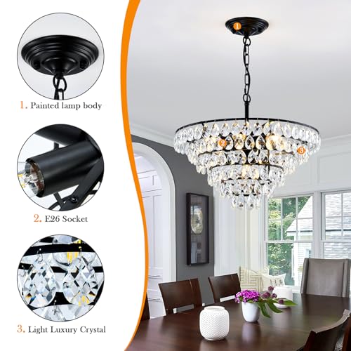 Modern Crystal Chandelier 7 Light 20" Raindrop Black Ceiling Chandelier Adjustable Hanging Light Fixture for Dining Room Foyer Entryway Staircase Living Room
