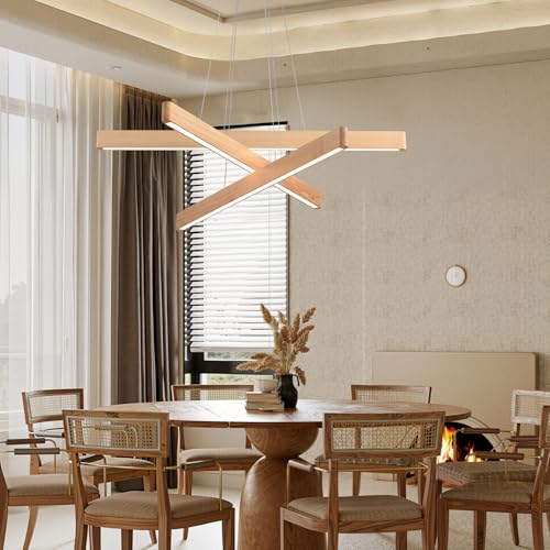 3 Light Solid Wood Natural Linear Pendant Light Modern LED Pendant Light Dimmable Chandelier for Dining Room Table Kitchen Island Living Room Ceiling (3 Count)