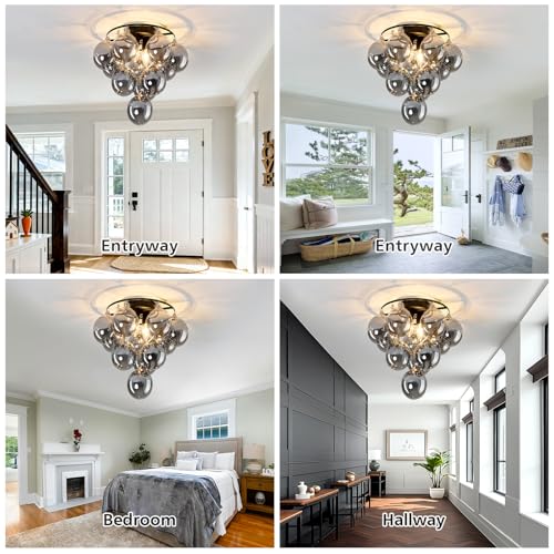 Modern Sputnik Ceiling Light Fixture 2 Light Flush Mount Chandelier with 11 Glass Globe Black Dining Room Light Fixture for Living Room Master Bedroom Kitchen Farmhouse