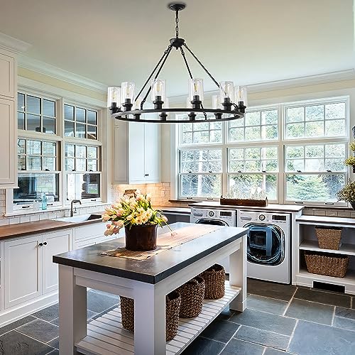 Black Large Wagon Wheel Chandelier 32 Inch Modern Farmhouse Glass Pendant Light 12