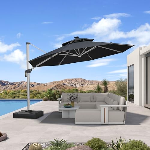 Patio Umbrella with Base 13ft Solar LED Light Double Top