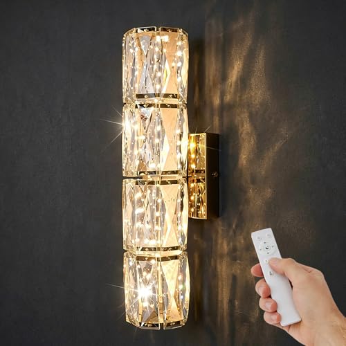 Gold Crystal Wall Sconce Dimmable LED with Remote for Bedroom