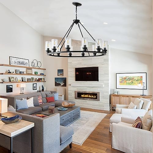 Black Large Wagon Wheel Chandelier 32 Inch Modern Farmhouse Glass Pendant Light 12