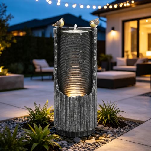 AUTODAYA 32" Bird Outdoor Fountain Distressed Fluted Column with Lights