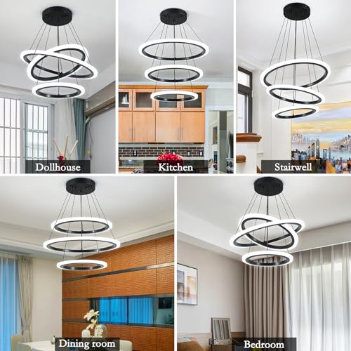 Modern 3 Ring LED 52W Black Pendant Light with Irregular Ring Lights Adjustable Hanging Lamp for Dining Room Bedroom Kitchen Island Cafe