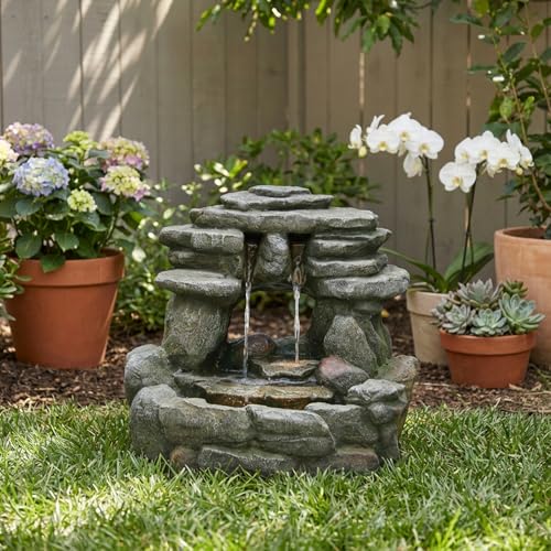 15.6" H Small Garden Outdoor Rock Water Fountain with LED Lights