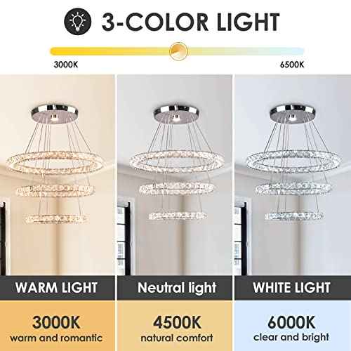 Dimmable LED Chandeliers Modern Crystal Chandeliers Ceiling Light Three Rings Pendant Light with Acrylic for Bedroom Dinning Room Hallway