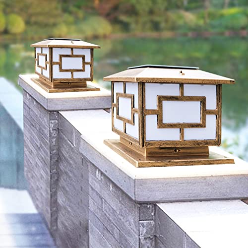 Outdoor Post Lights Square LED Solar Post Lights Outdoor Column Headlight Waterproof Cap Pillar Lamp with Remote Control for Fence Yard Garden Exterior Lantern