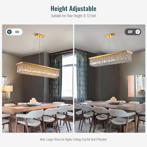 10 Light Rectangular Gold Crystal Chandelier for Dining Room L47''