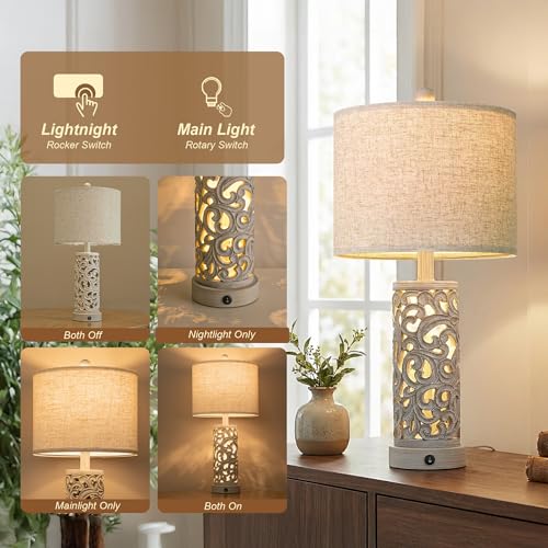 Bedside Table Lamps Set of 2 with Night Light (2 Count)