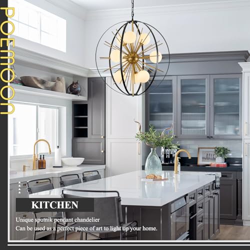 24" 9 Light Black Gold Sputnik Chandelier with Milk Glass Shade