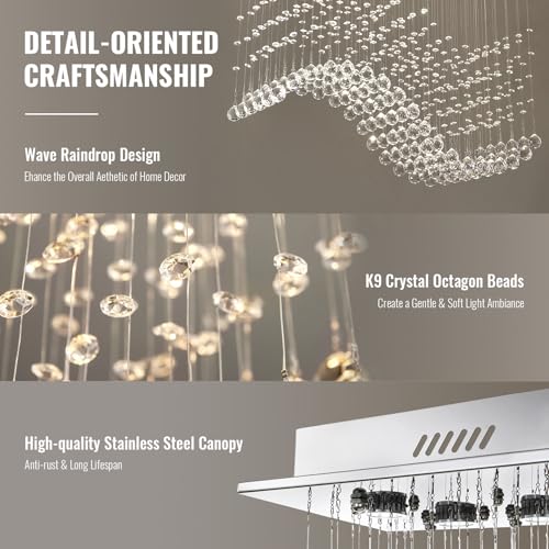 Modern Wave Crystal Chandelier for Dining Room 10 Lights Luxury Rectangular Flush Mount Crystal Ceiling Light for Living Room Kitchen Island Length 40 Inch