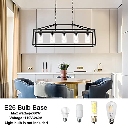 5 Light Farmhouse Chandelier Ceiling Hanging Dining Room Lighting Fixtures Matte Black Modern Pendant Lighting Industrial Rectangular Kitchen Island Chandelier Fixture with Seeded Glass Shade