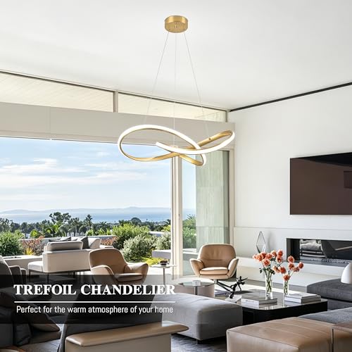 30" Gold Modern LED Chandelier Large Irregular Ring Pendant Lighting Adjustable Hanging Light Fixture Modern Dimmable Remote Control Pendant Lights for Living Room Dining Room Entryway