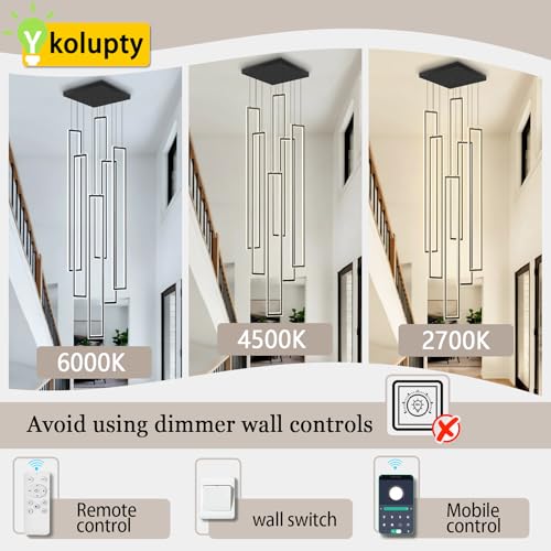 Modern Chandeliers for Entryway High Ceiling Large Rectangle Chandelier LED Dimming Black Contemporary Chandelier for Staircase Foyer 2700k