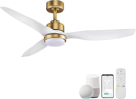 52 Inch Smart Ceiling Fans with Lights and Remote,Dimmable LED Light,Outdoor Indoor Gold White Ceiling Fan,Quiet DC Motor,High CFM 6 Speed,WIFI Alexa App Workable,for Bedroom Living Room Patio - Aura Lighting