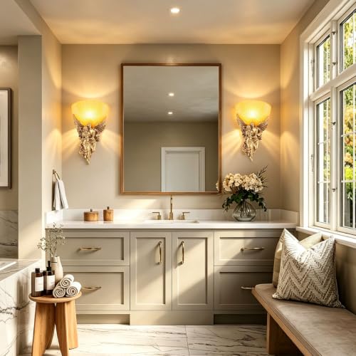 2 Pack Vintage Wall Sconce Lights Gold Unique Antique Sconces with Frosted Glass Lamp Shade Resin Angel Art Deco Style European Modern Wall Lighting for Living Room Hallway Bedroom