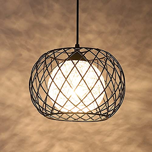 Black Metal Cage Rattan Pendant Light
