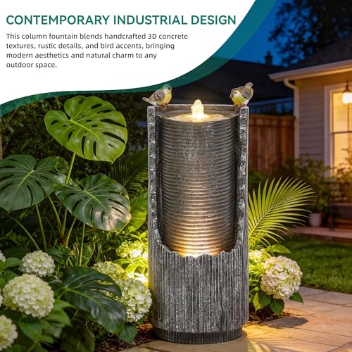 AUTODAYA 32" Bird Outdoor Fountain Distressed Fluted Column with Lights