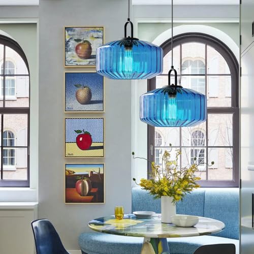 Glass Pendant Light Fixture Vintage Modern Pendant Lights with Blue Hand Blown Glass Shade Mid Century Black Adjustable Cord Ceiling Hanging Lighting for Dining Room Kitchen Island