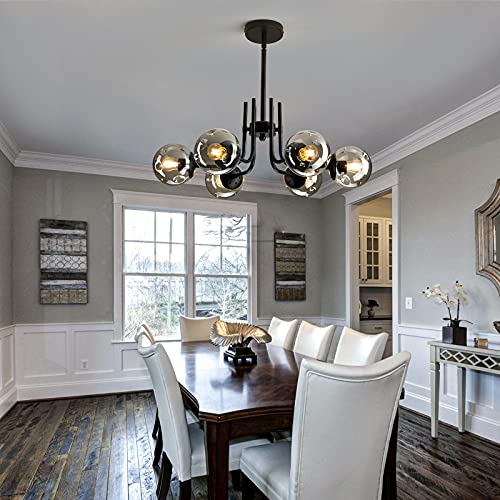 6 Lights Glass Globe Sputnik Chandeliers Modern Metal Ceiling Light Fixture Black Semi Flush Mount Chandelier for Living Room Dining Room Bedroom Farmhouse Kitchen