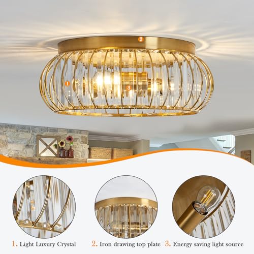 Crystal Flush Mount Ceiling Light Fixtures Modern Gold Ceiling Light 3 Light Ceiling Chandelier for Hallway Bedroom Bathroom Foyer Living Room Dining Room Kitchen